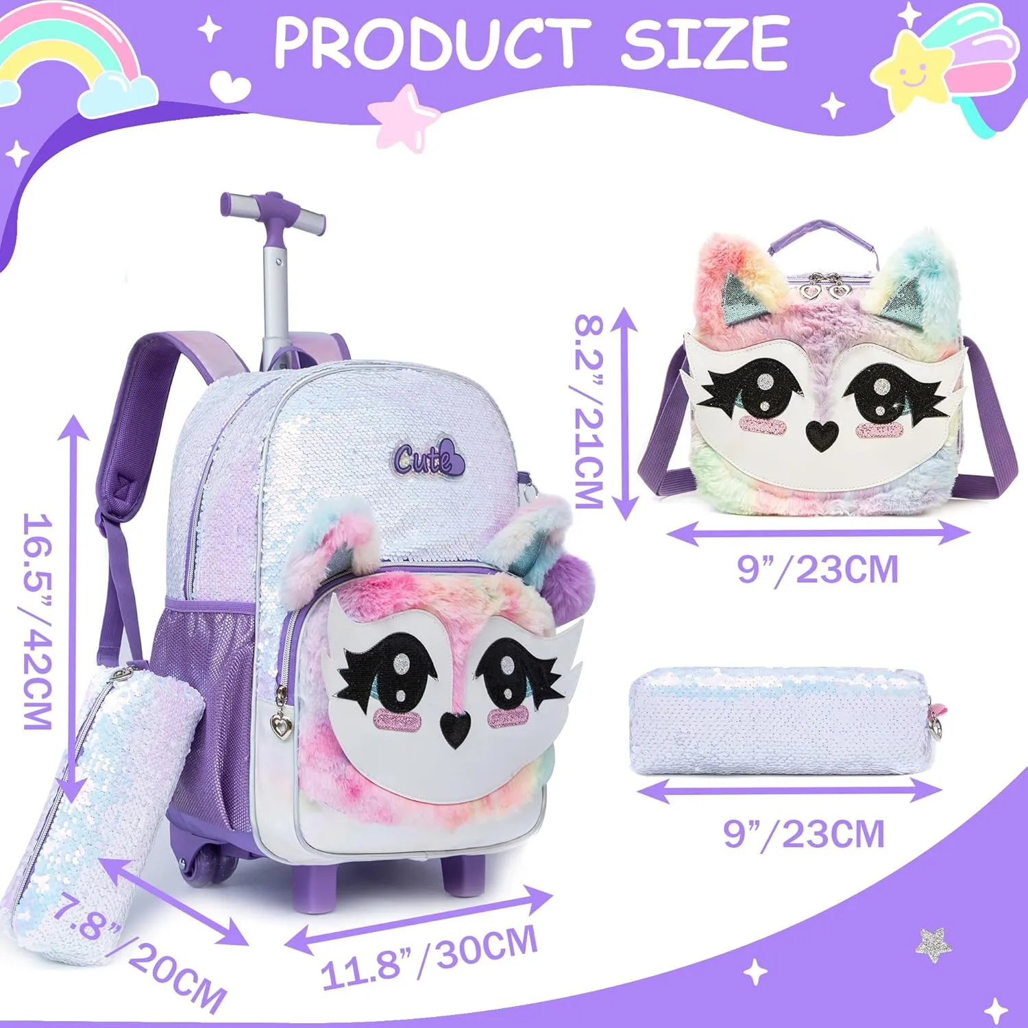 Meetbelify Rolling Backpack for Girls Backpacks with Wheels for Elementary School Students Kids 3 in 1 Travel Luggage Suitcase with Lunch Box Pencil Case for Girls Age 8-10 Cute Panda