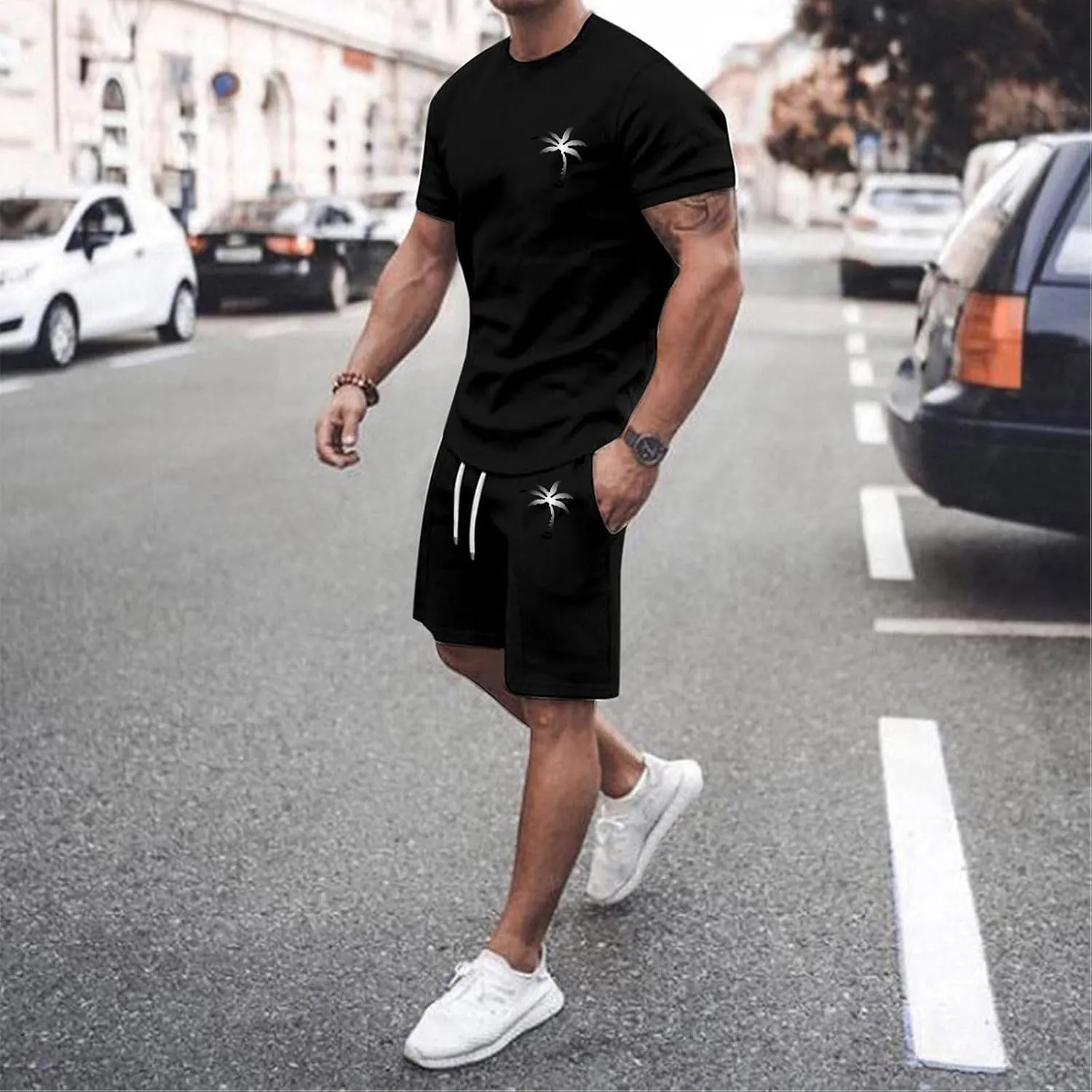 Mens Casual 2 Piece Outfits-Short Sleeve Athletic Set Oversize T-Shirts Drawstring Shorts Comfy Tracksuit Set Streetwear