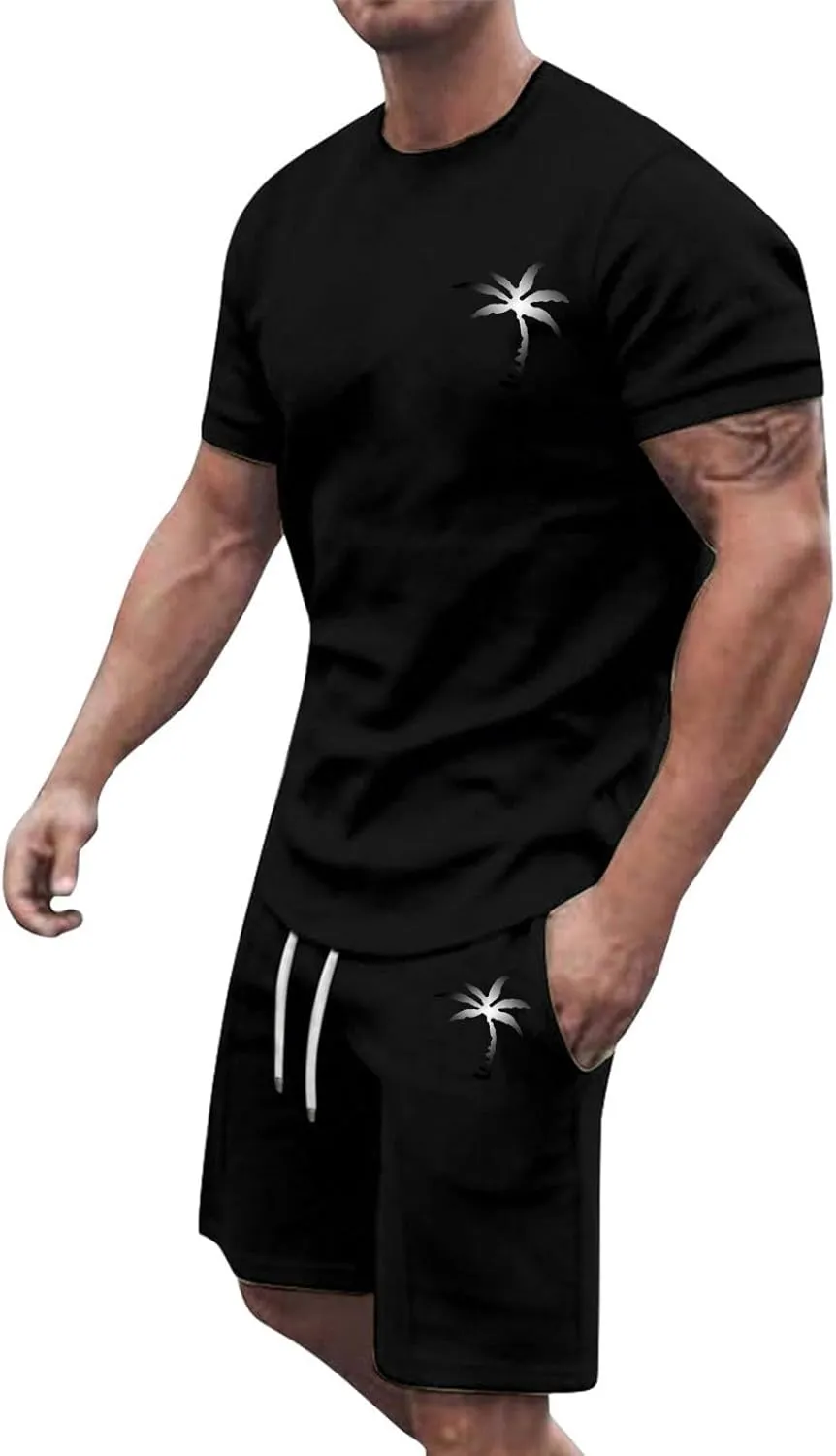 Mens Casual 2 Piece Outfits-Short Sleeve Athletic Set Oversize T-Shirts Drawstring Shorts Comfy Tracksuit Set Streetwear