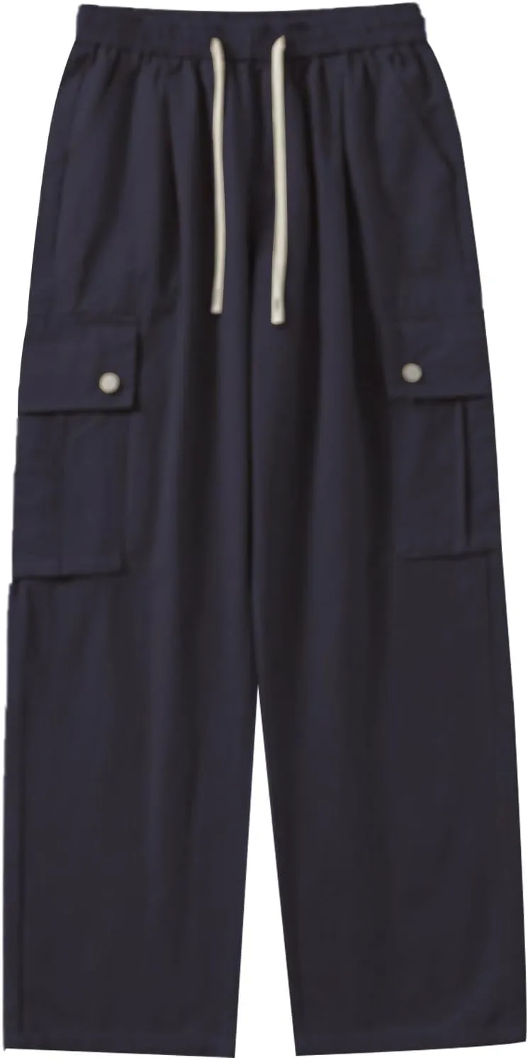 Mens Casual Cargo Pants Spring Summer Lightweight Elastic Waist Drawstring Pants Loose Fit Yoga Trousers with Pockets