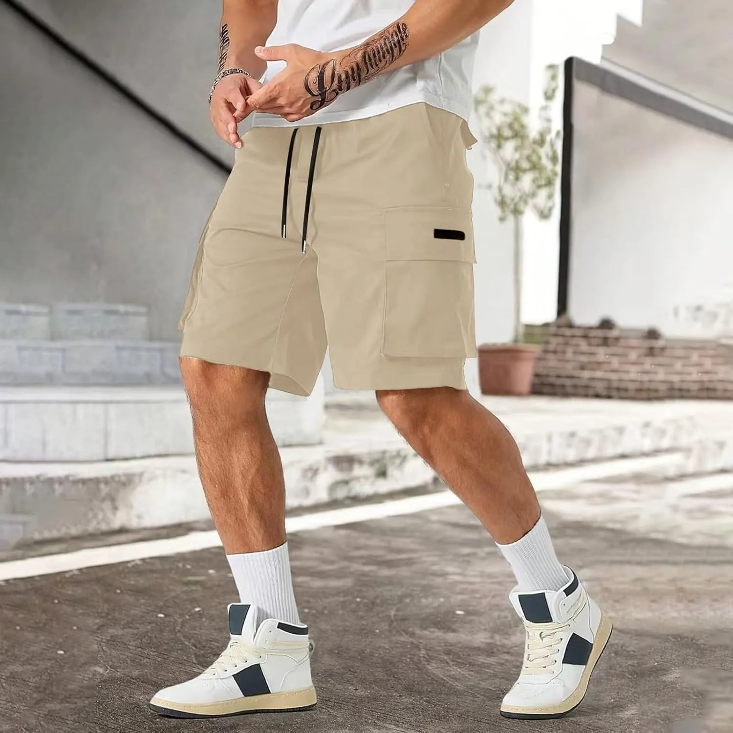 Men's Casual Cargo Shorts Waist with Drawstring Hiking Fishing Outfits Lightweight Multi-Pocket Athletic Short Pants