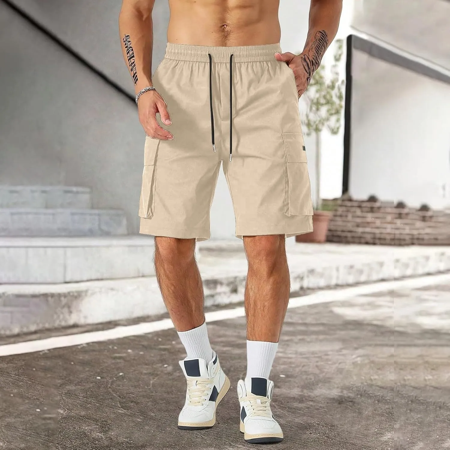 Men's Casual Cargo Shorts Waist with Drawstring Hiking Fishing Outfits Lightweight Multi-Pocket Athletic Short Pants
