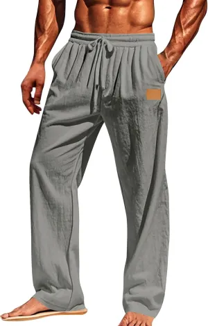 Mens Casual Fashion Linen Trousers Solid Loose Drawstring Elastic Waist Straight Leg Pants Vacation Ralaxed Fit Pants
