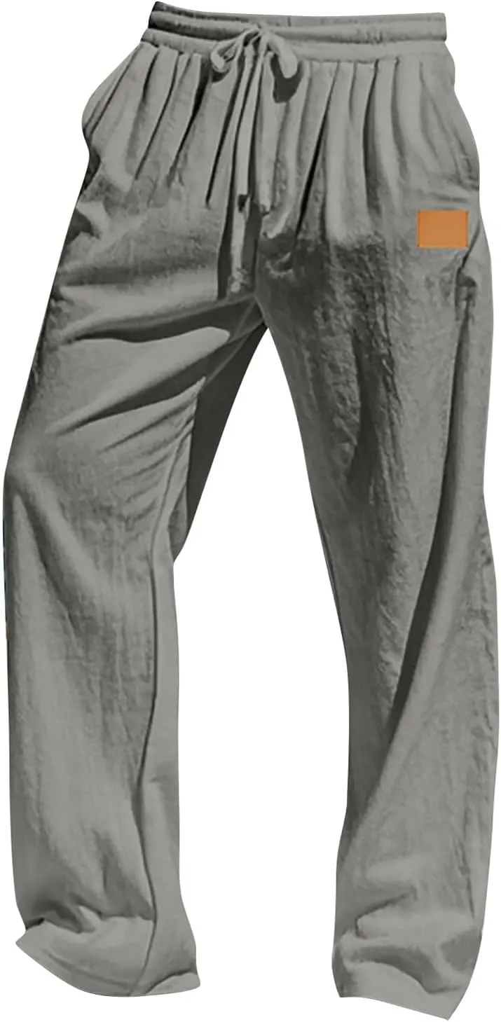 Mens Casual Fashion Linen Trousers Solid Loose Drawstring Elastic Waist Straight Leg Pants Vacation Ralaxed Fit Pants