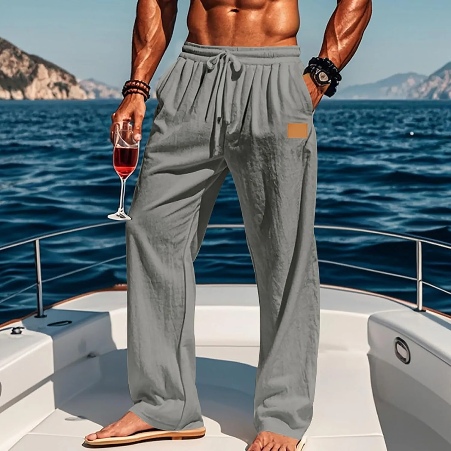 Mens Casual Fashion Linen Trousers Solid Loose Drawstring Elastic Waist Straight Leg Pants Vacation Ralaxed Fit Pants