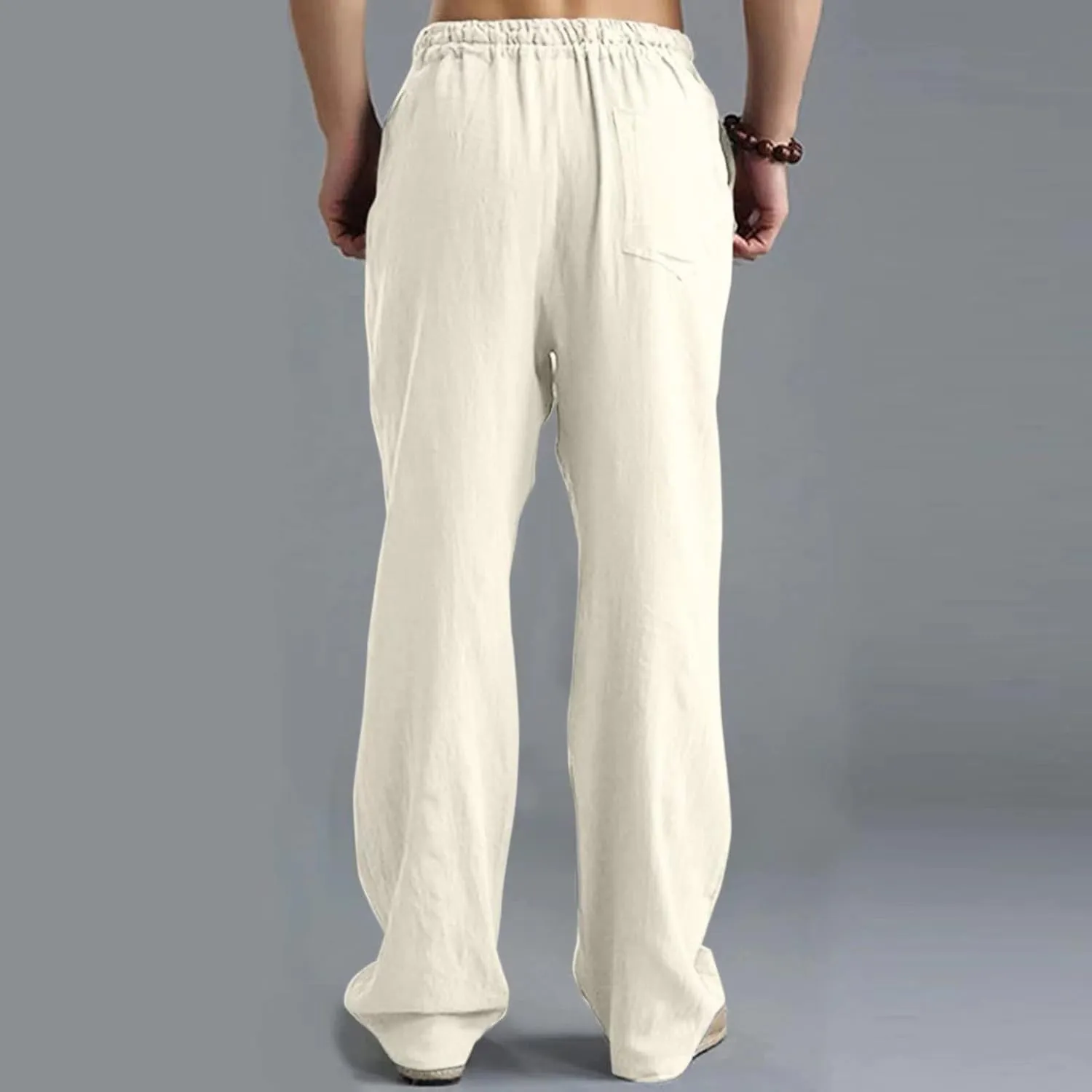 Men's Casual Linen Pants Elastic Waist Drawstring Beach Summer Pants Lightweight Straight-Legs Loose Trousers