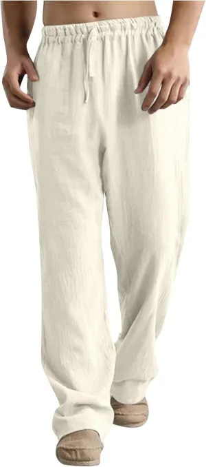 Men's Casual Linen Pants Elastic Waist Drawstring Beach Summer Pants Lightweight Straight-Legs Loose Trousers
