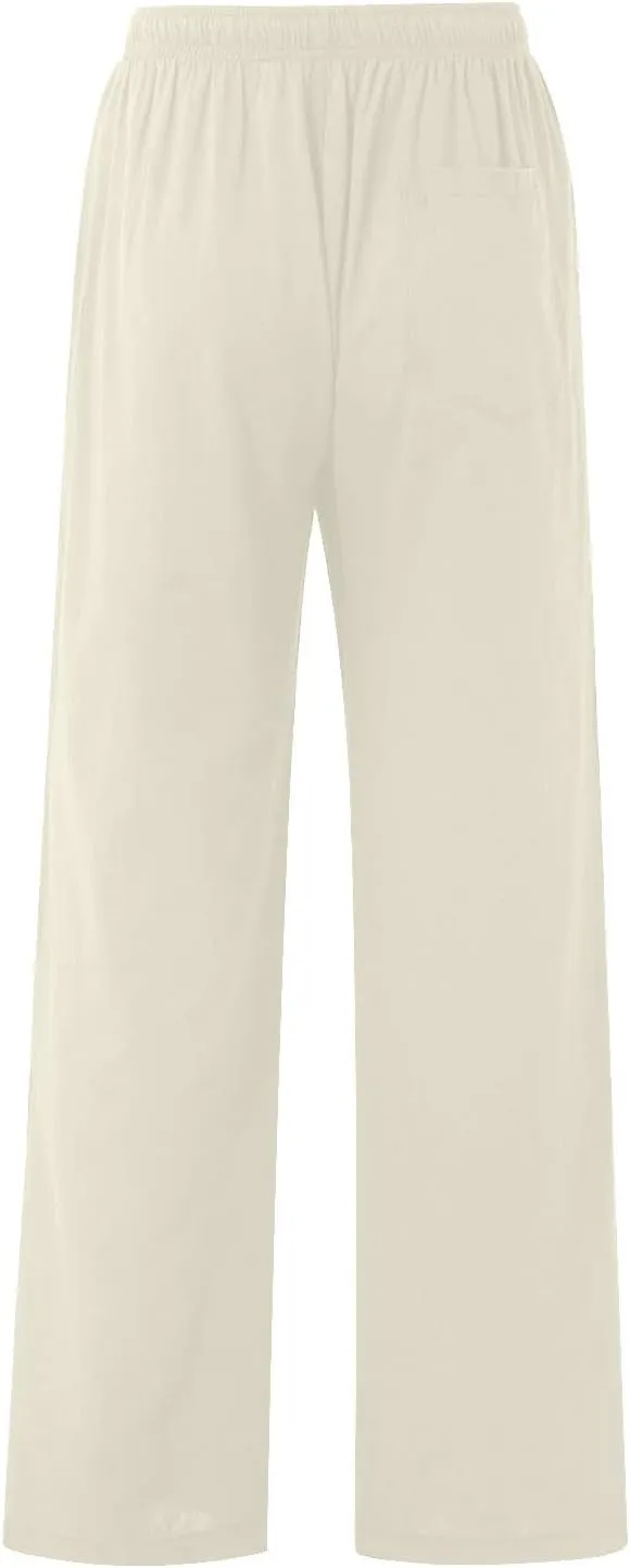 Men's Casual Linen Pants Elastic Waist Drawstring Beach Summer Pants Lightweight Straight-Legs Loose Trousers