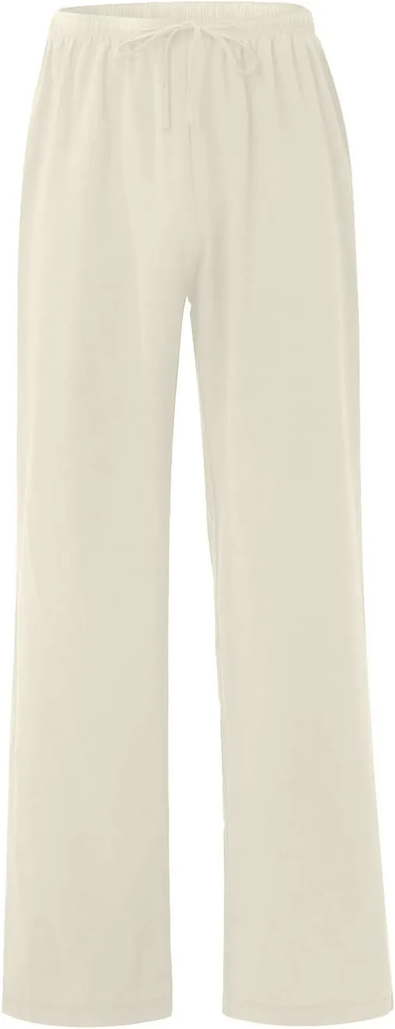 Men's Casual Linen Pants Elastic Waist Drawstring Beach Summer Pants Lightweight Straight-Legs Loose Trousers