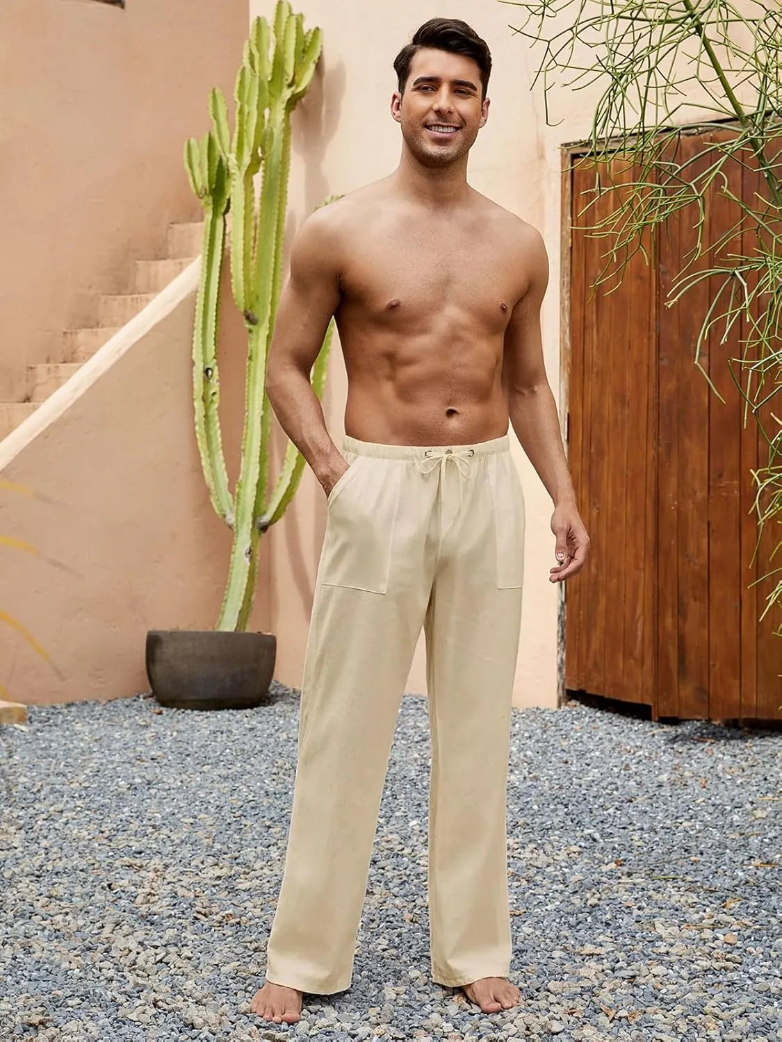 Mens Casual Linen Pants Elastic Waist Wide Leg Summer Beach Yoga Pants Linen Lounge Trousers