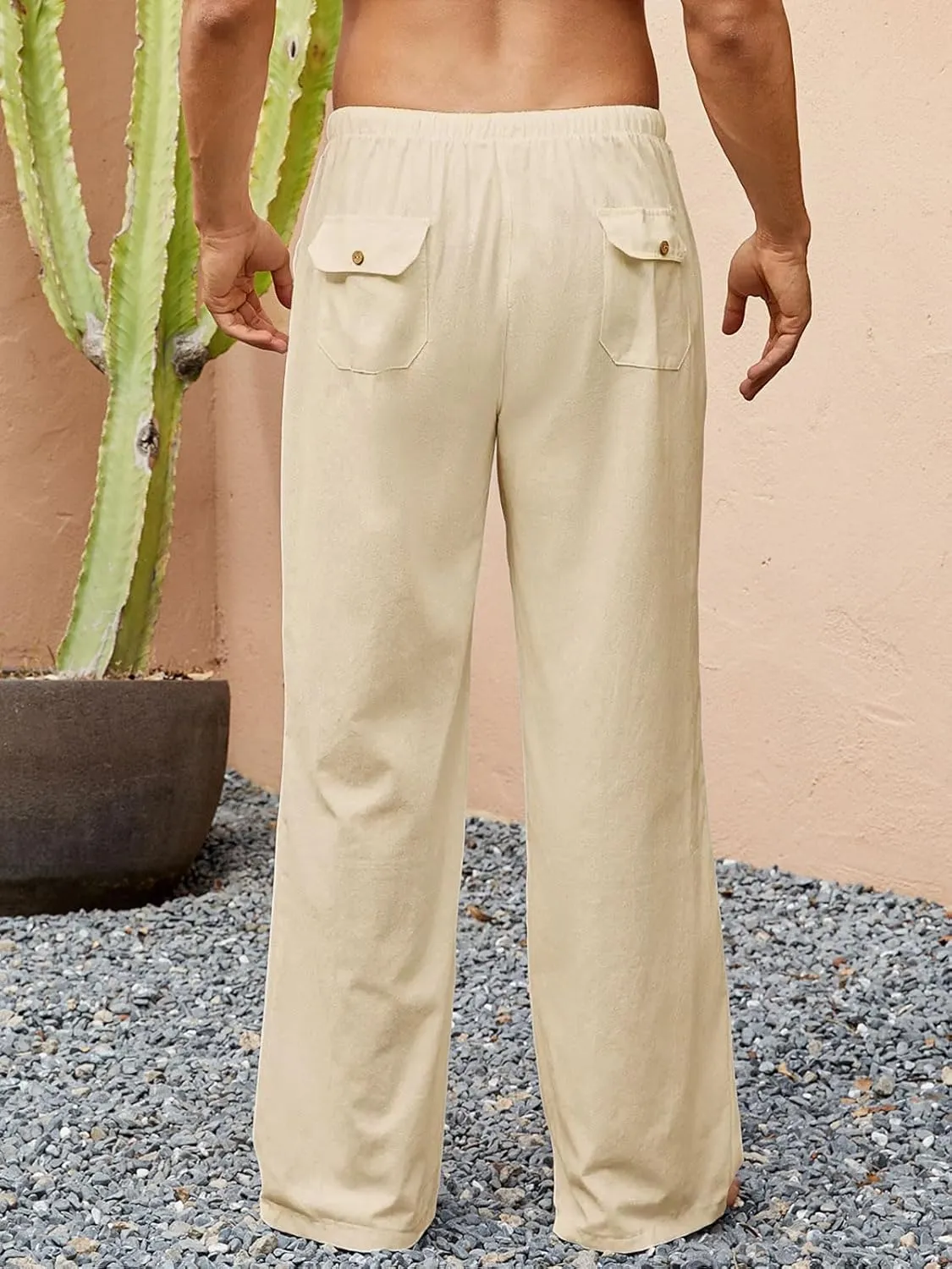 Mens Casual Linen Pants Elastic Waist Wide Leg Summer Beach Yoga Pants Linen Lounge Trousers