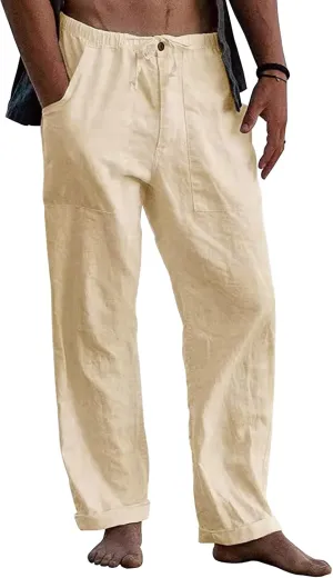 Mens Casual Linen Pants Elastic Waist Wide Leg Summer Beach Yoga Pants Linen Lounge Trousers