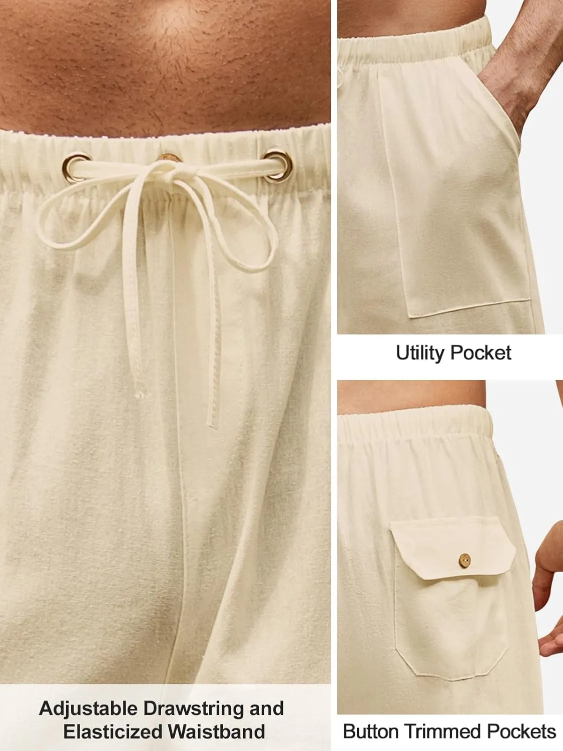 Mens Casual Linen Pants Elastic Waist Wide Leg Summer Beach Yoga Pants Linen Lounge Trousers