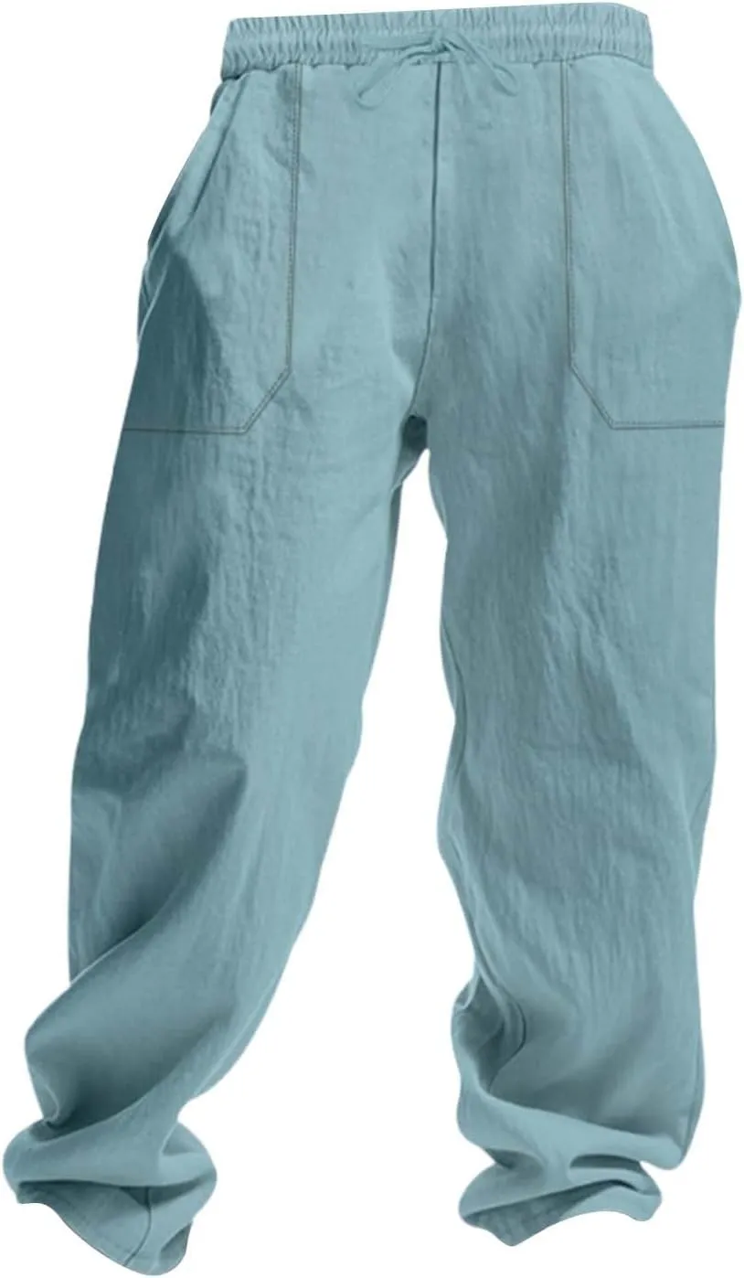 Men's Casual Linen Pants Loose Fit Elastic Waist Drawstring Beach Summer Pant Lightweight Cotton Trousers with Pocket