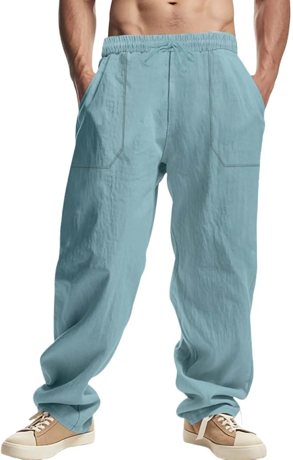 Men's Casual Linen Pants Loose Fit Elastic Waist Drawstring Beach Summer Pant Lightweight Cotton Trousers with Pocket