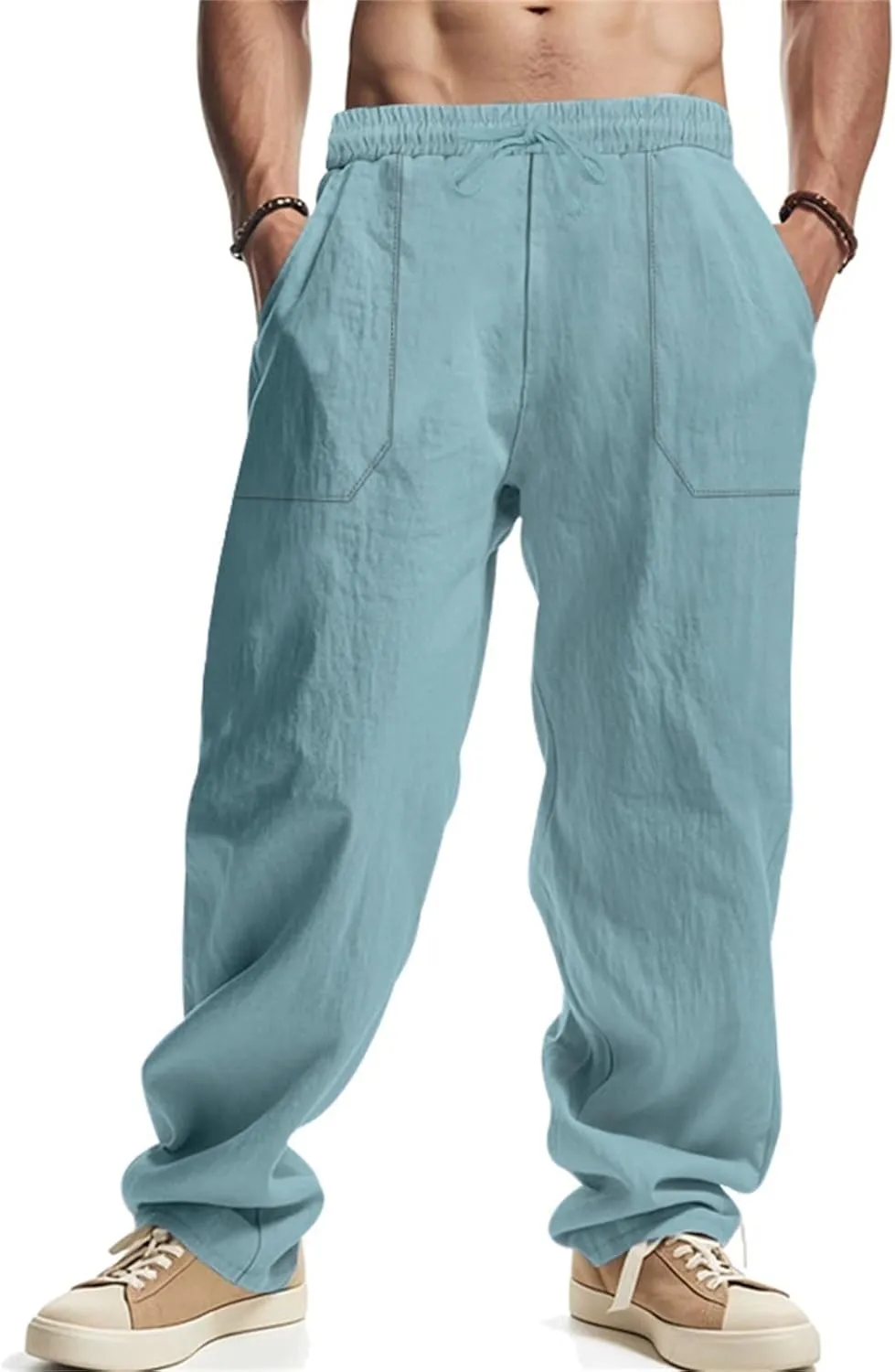 Men's Casual Linen Pants Loose Fit Elastic Waist Drawstring Beach Summer Pant Lightweight Cotton Trousers with Pocket