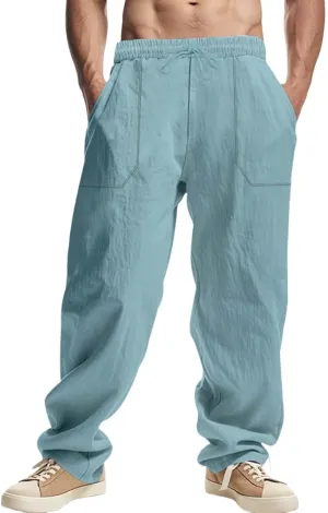 Men's Casual Linen Pants Loose Fit Elastic Waist Drawstring Beach Summer Pant Lightweight Cotton Trousers with Pocket