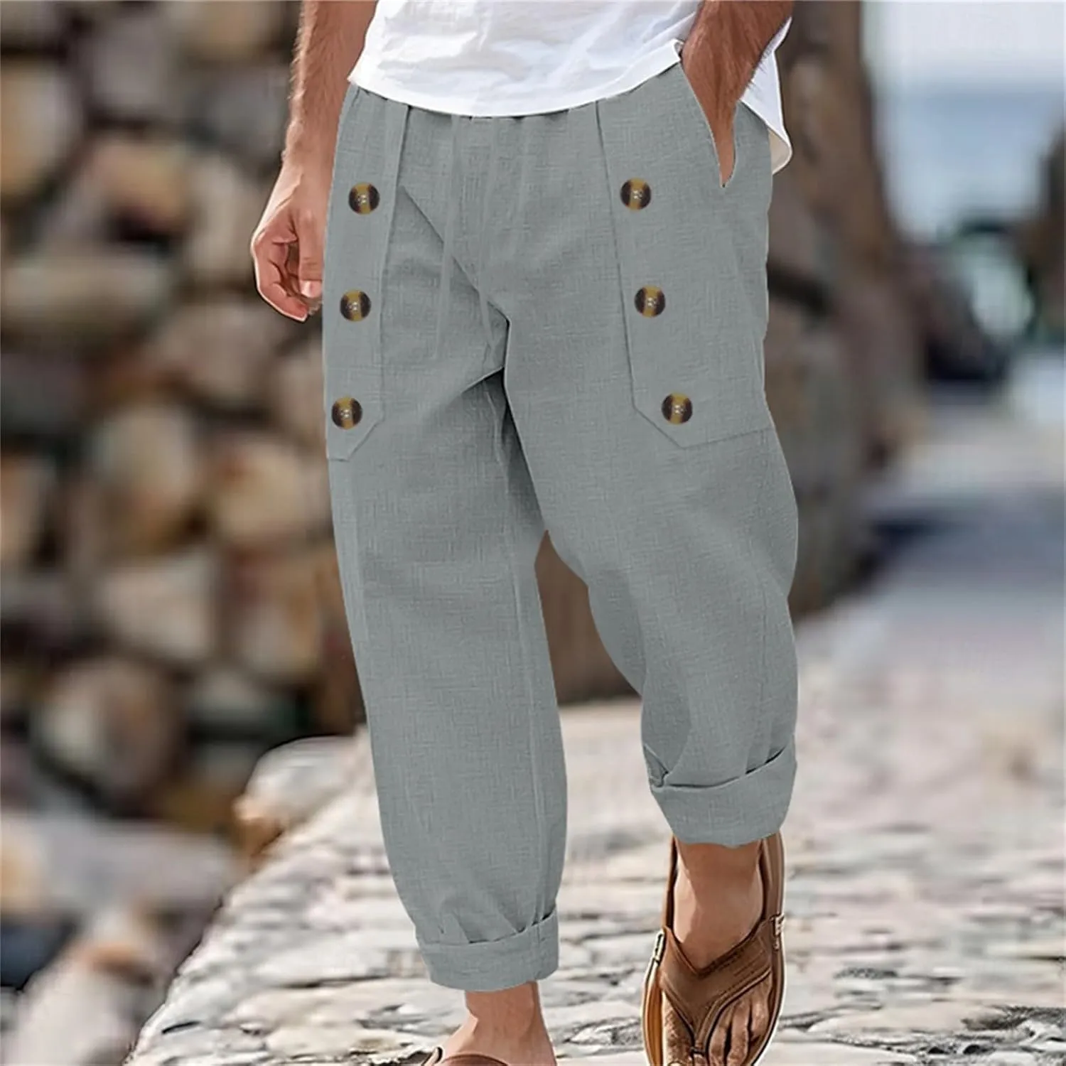 Mens Cotton Linen Harem Pants Drawstring Casual Cropped Button Trouser Lightweight Loose Beach Yoga Pants with Pocket
