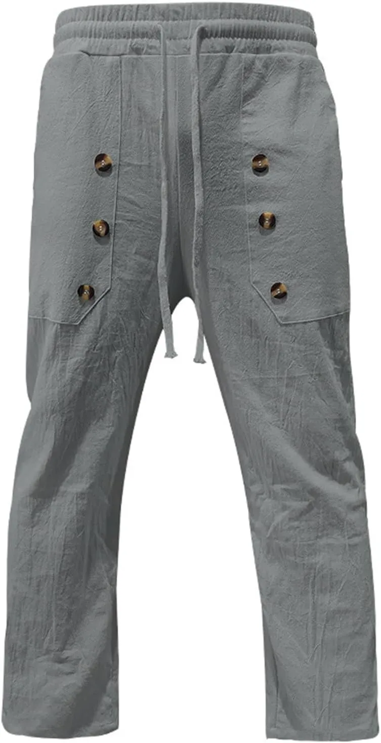 Mens Cotton Linen Harem Pants Drawstring Casual Cropped Button Trouser Lightweight Loose Beach Yoga Pants with Pocket