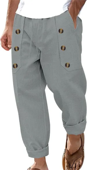 Mens Cotton Linen Harem Pants Drawstring Casual Cropped Button Trouser Lightweight Loose Beach Yoga Pants with Pocket