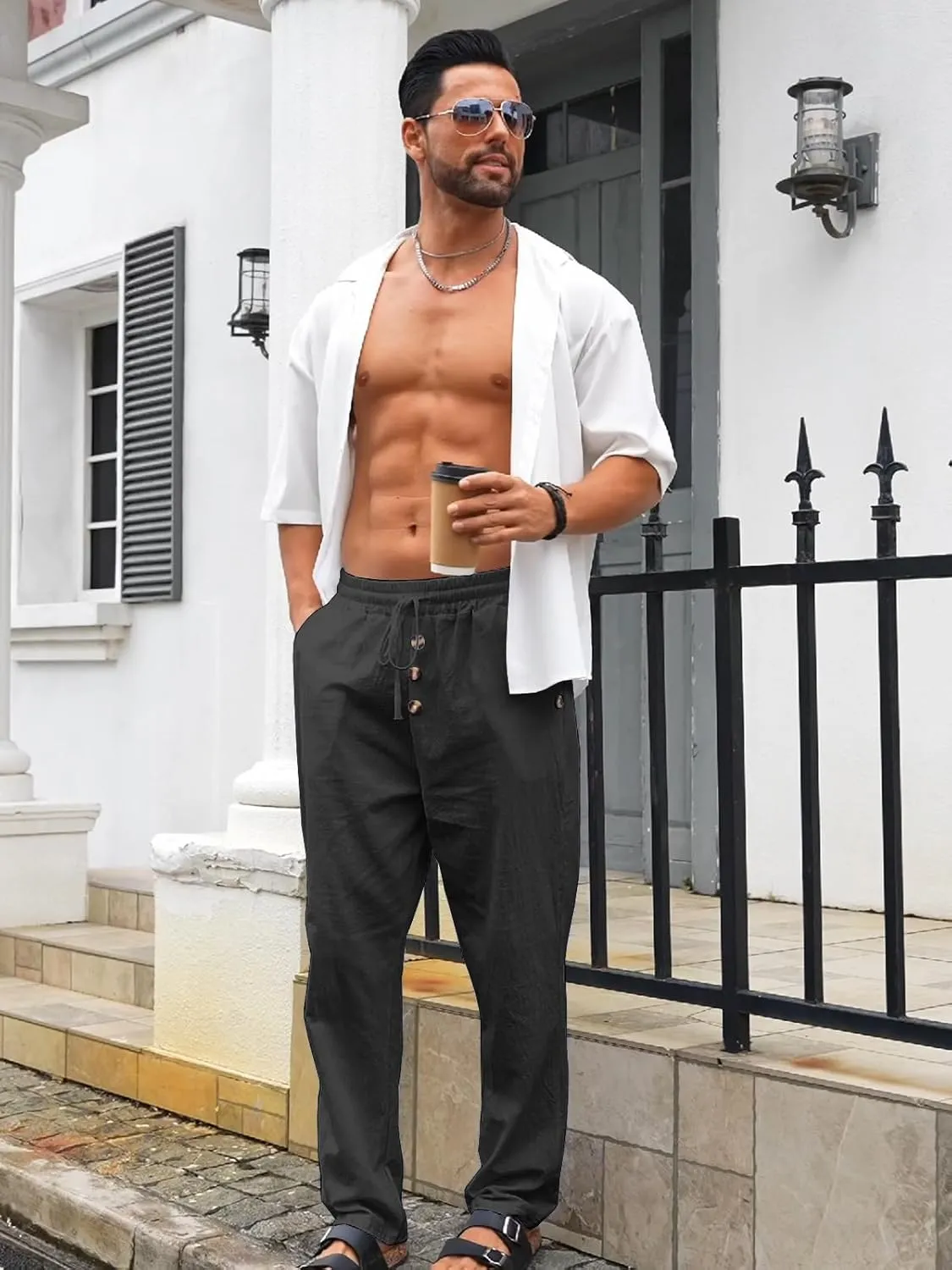 Mens Cotton Linen Pants Casual Summer Vacation Baggy Beach Pants Buttoned Drawstring Yoga Trousers with Pockets