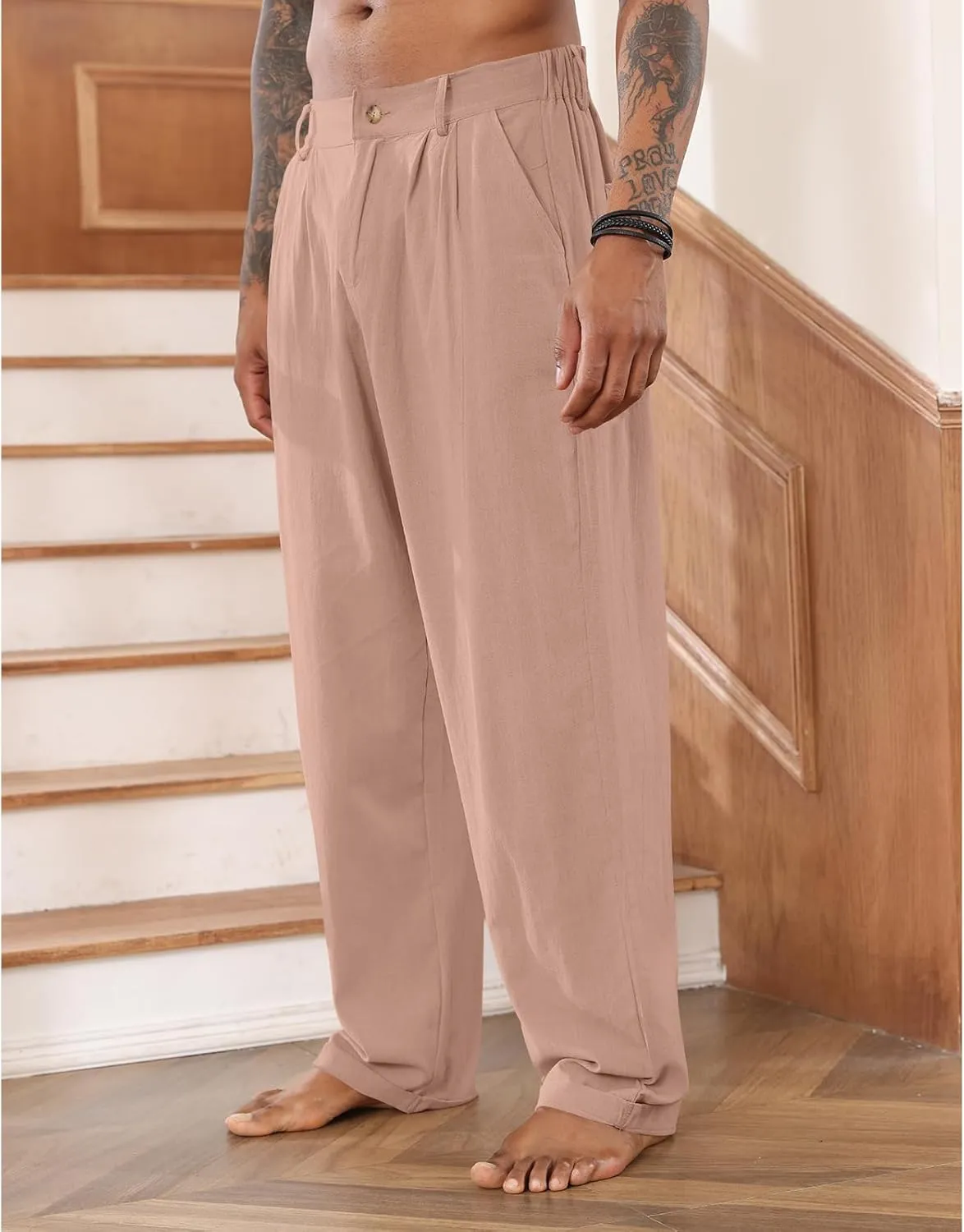 Mens Cotton Linen Pants Elastic Drawstring Waist Trouser Casual Loose Fit Yoga Beach Pants