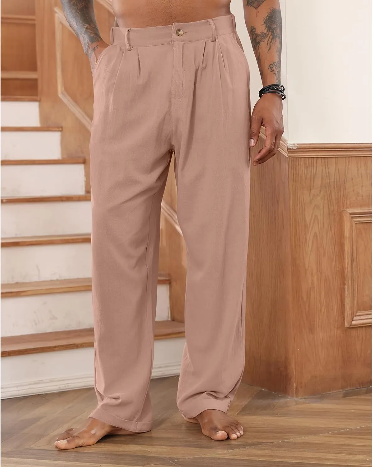 Mens Cotton Linen Pants Elastic Drawstring Waist Trouser Casual Loose Fit Yoga Beach Pants