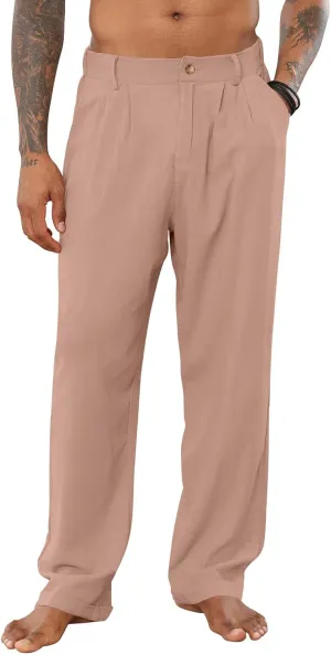 Mens Cotton Linen Pants Elastic Drawstring Waist Trouser Casual Loose Fit Yoga Beach Pants