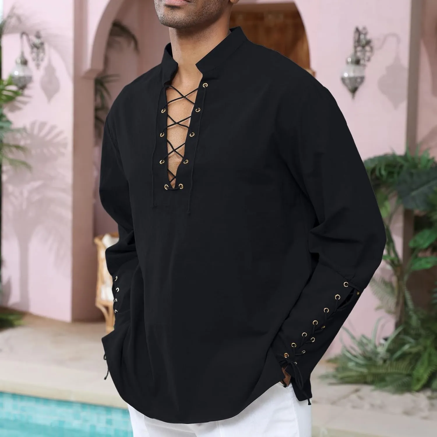 Men's Cotton Linen Shirt Drawstring Arm Banded Tops Medieval Viking Pirate Renaissance Halloween Costume