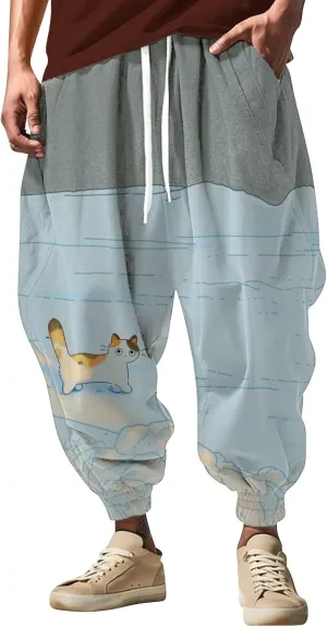 Men's Drawstring Hippie Harem Pants Men's Autumn Fun Print Fashion Street Feel Casual Cotton Drawstring Cargo Pants