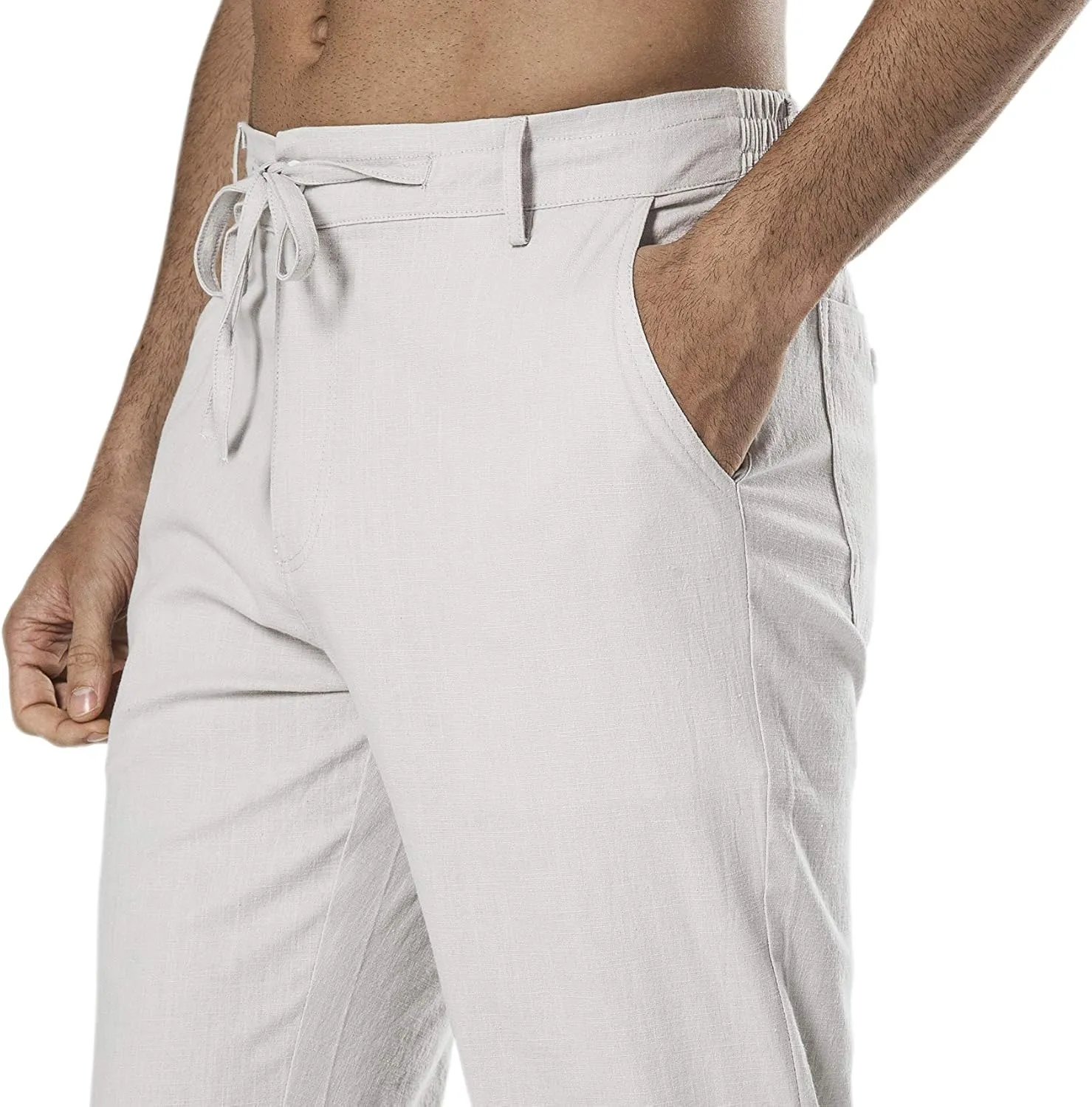 Men's Drawstring Linen Pant Elastic Waist Relaxed-Fit Casual Beach Trousers