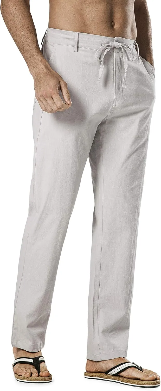 Men's Drawstring Linen Pant Elastic Waist Relaxed-Fit Casual Beach Trousers
