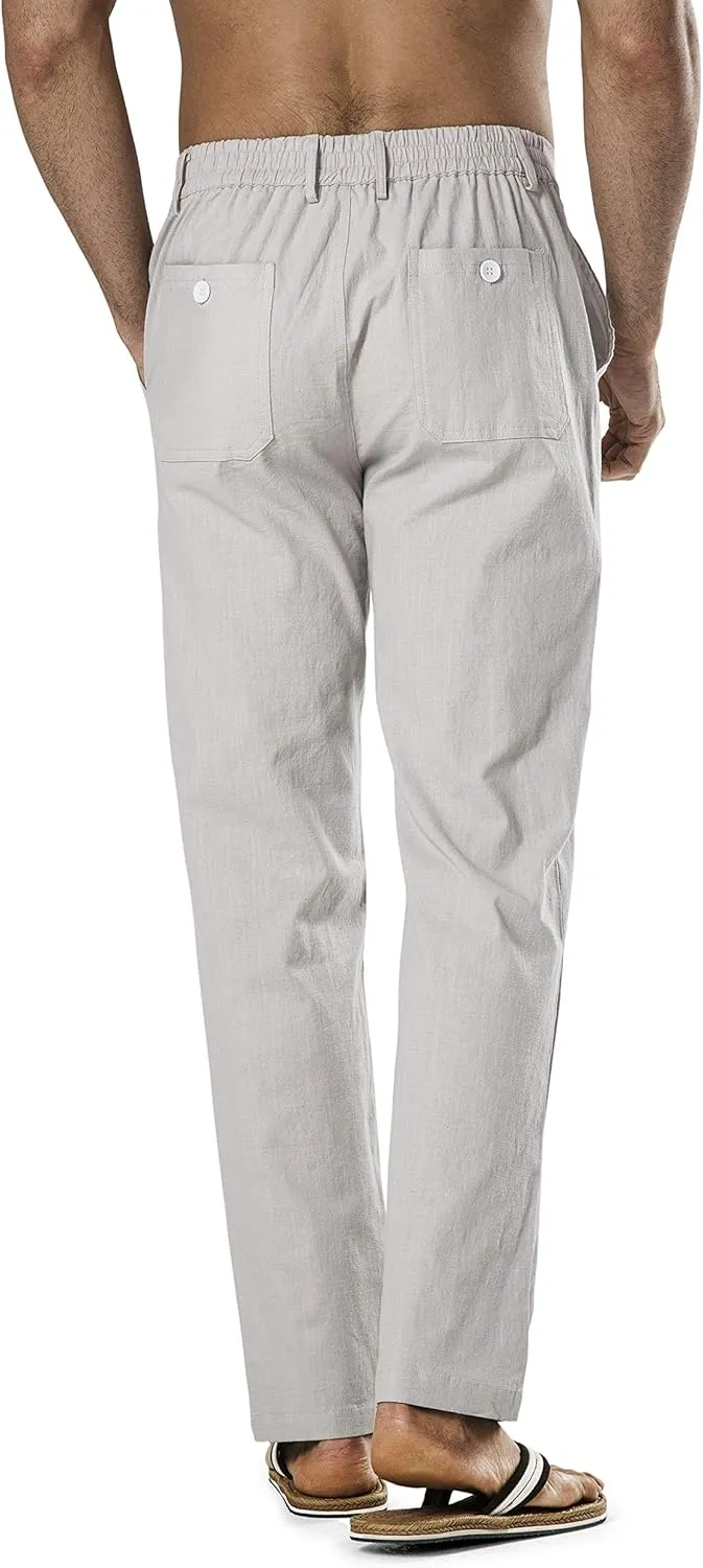 Men's Drawstring Linen Pant Elastic Waist Relaxed-Fit Casual Beach Trousers
