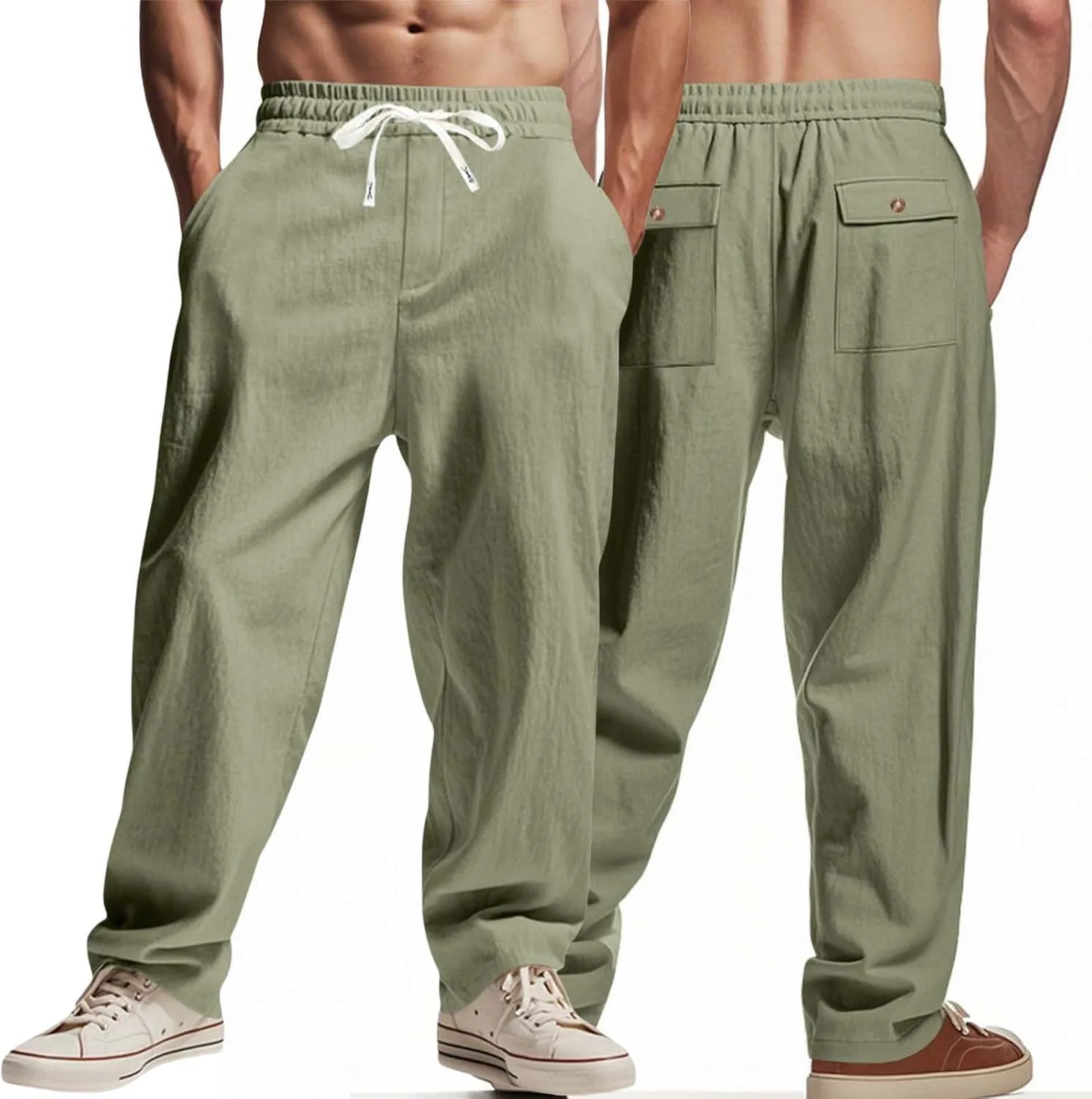 Mens Drawstring Linen Pants Loose Fit Casual Summer Beach Plain Trousers Fashion Outdoor Hiking Camping Wedding Pant