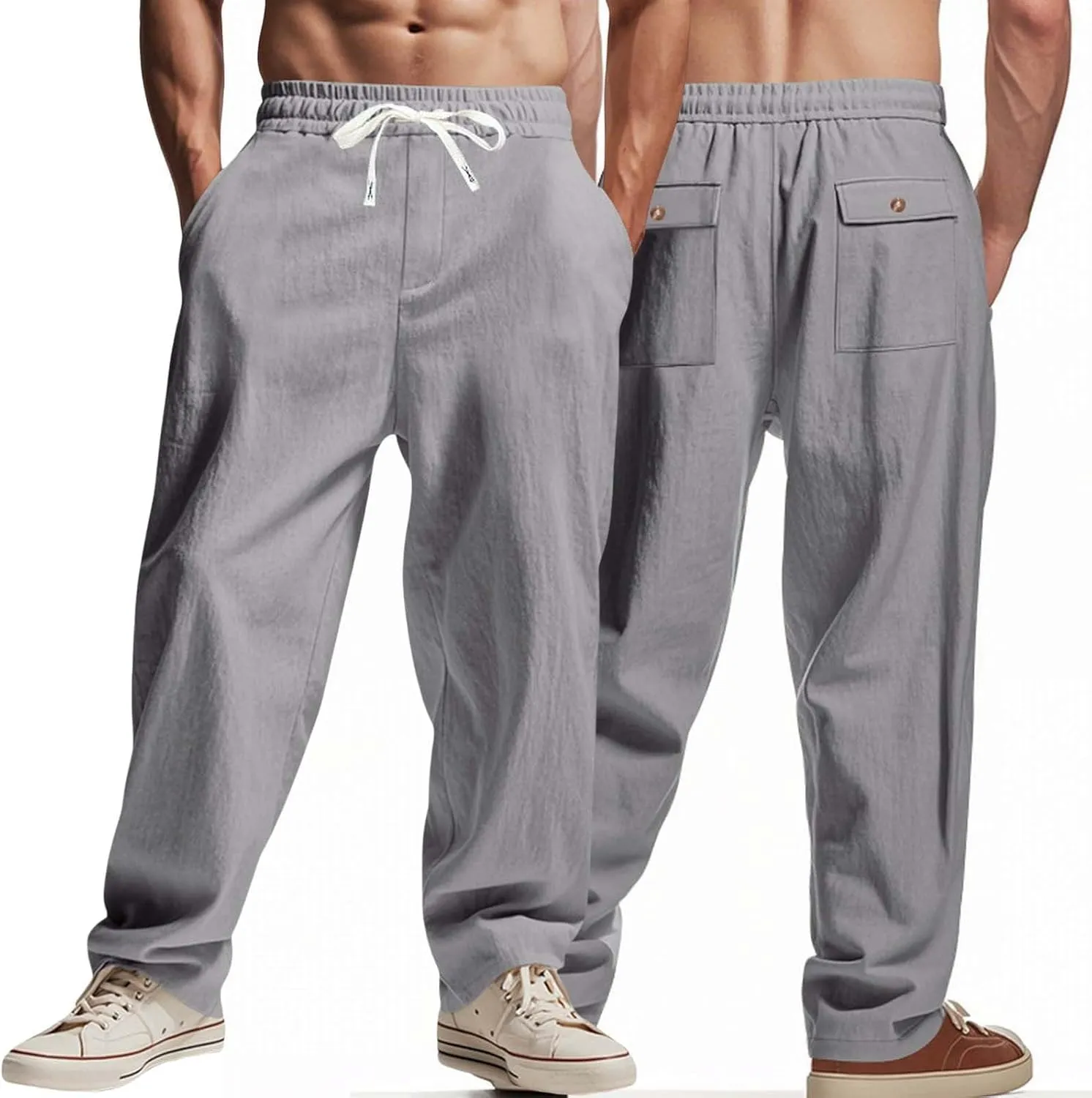 Mens Drawstring Linen Pants Loose Fit Casual Summer Beach Plain Trousers Fashion Outdoor Hiking Camping Wedding Pant