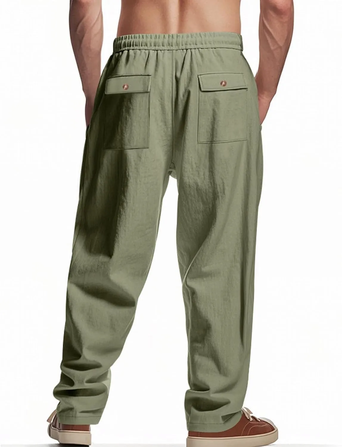 Mens Drawstring Linen Pants Loose Fit Casual Summer Beach Plain Trousers Fashion Outdoor Hiking Camping Wedding Pant
