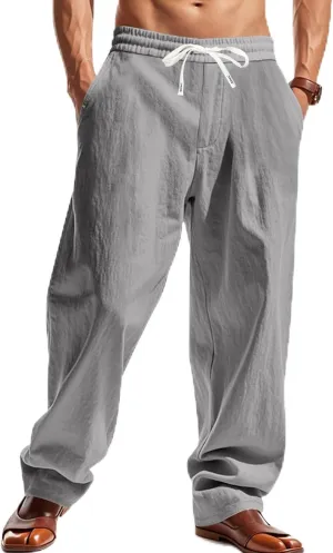 Mens Drawstring Linen Pants Loose Fit Casual Summer Beach Plain Trousers Fashion Outdoor Hiking Camping Wedding Pant