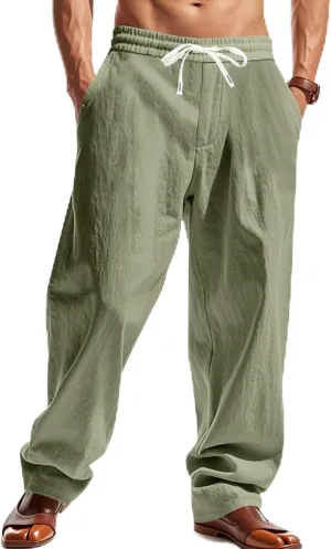 Mens Drawstring Linen Pants Loose Fit Casual Summer Beach Plain Trousers Fashion Outdoor Hiking Camping Wedding Pant