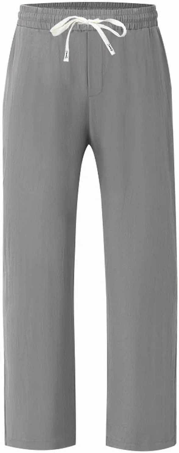 Mens Drawstring Linen Pants Loose Fit Casual Summer Beach Plain Trousers Fashion Outdoor Hiking Camping Wedding Pant