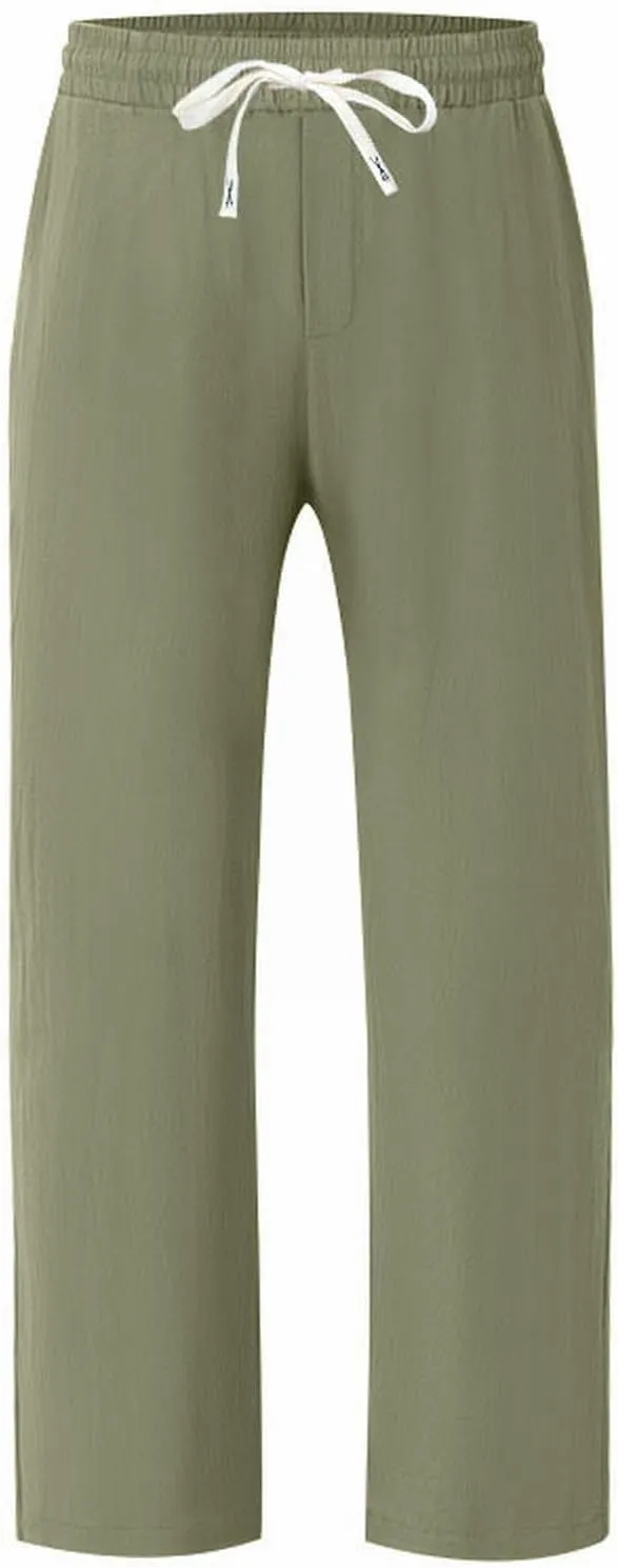Mens Drawstring Linen Pants Loose Fit Casual Summer Beach Plain Trousers Fashion Outdoor Hiking Camping Wedding Pant