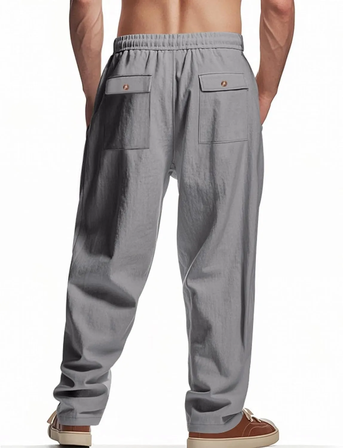 Mens Drawstring Linen Pants Loose Fit Casual Summer Beach Plain Trousers Fashion Outdoor Hiking Camping Wedding Pant