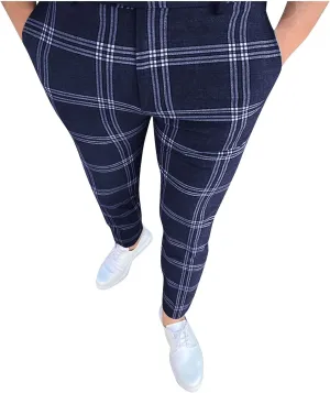 Mens Dress Pants Slim Fit Stretch Fashion Plaid Pant Skinny Leg Striped Button Work Pants Straight Casual Pants