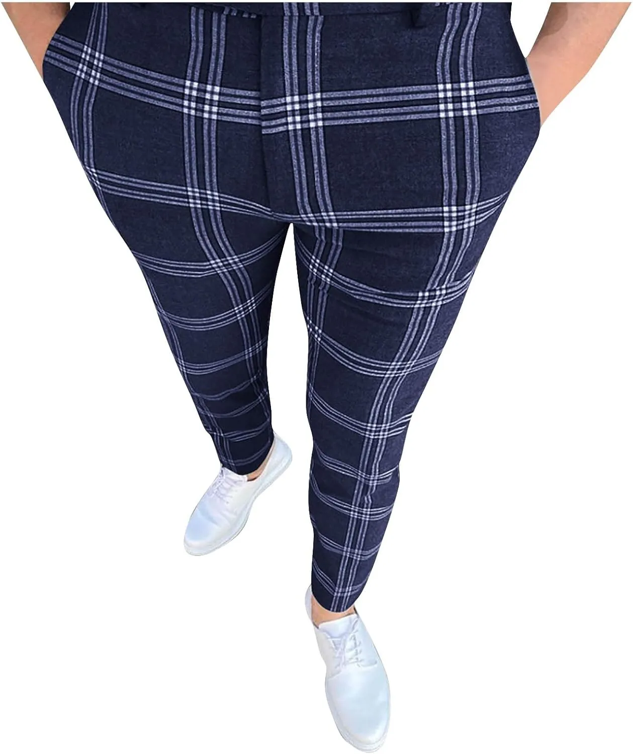Mens Dress Pants Slim Fit Stretch Fashion Plaid Pant Skinny Leg Striped Button Work Pants Straight Casual Pants