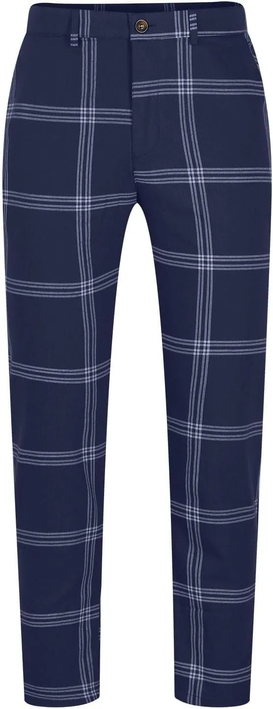 Mens Dress Pants Slim Fit Stretch Fashion Plaid Pant Skinny Leg Striped Button Work Pants Straight Casual Pants