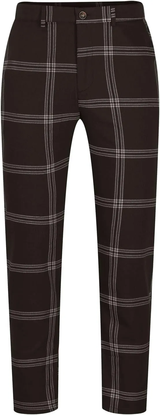 Mens Dress Pants Slim Fit Stretch Fashion Plaid Pant Skinny Leg Striped Button Work Pants Straight Casual Pants