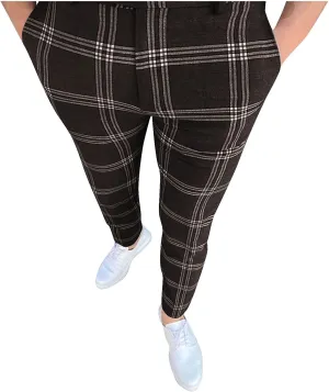 Mens Dress Pants Slim Fit Stretch Fashion Plaid Pant Skinny Leg Striped Button Work Pants Straight Casual Pants