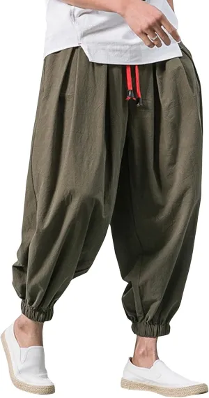 Mens Hippie Harem Pants Casual Elastic Drawstring Tapered Pants Solid Color Baggy Yoga Drop Crotch Trouser