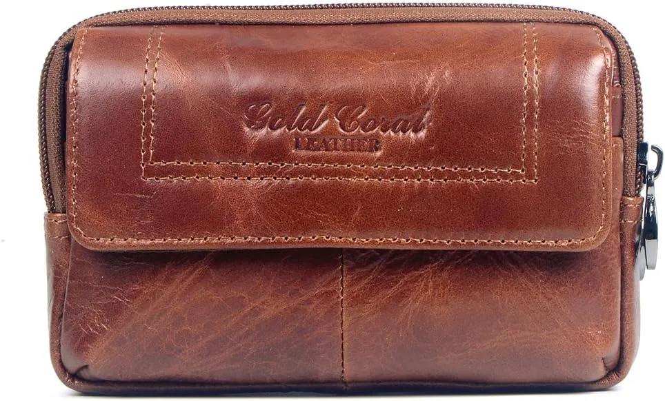 Mens Leather Belt Loops Waist Bag Wallet Purse Fanny Pack (Brown)