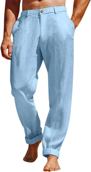 Men's Linen Pants Loose Fit Casual Summer Office Business Dress Pant Lightweight Baggy Beach Plain Vacation Trousers