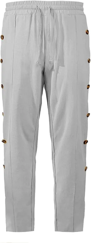 Mens Loose Side Button Pants Casual Straight Leg Elastic HIgh Waist Linen Trousers Breathable Summer Beach Yoga Pants